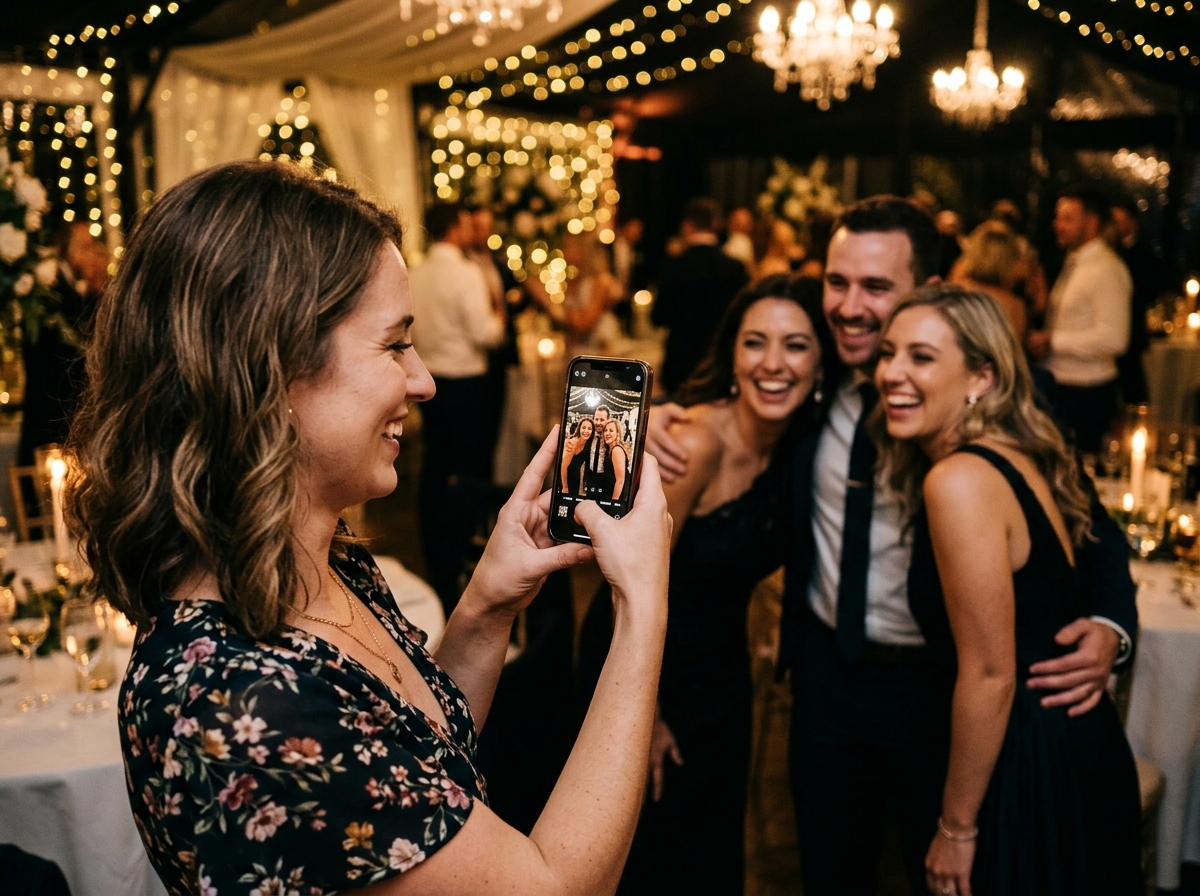 Invitada subiendo fotos desde su celular en una boda