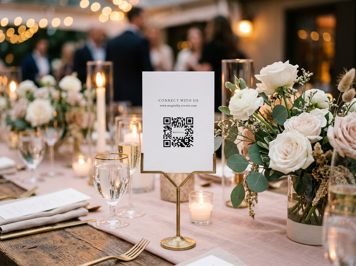 Mesa de evento con código QR elegante de PhotoEvent